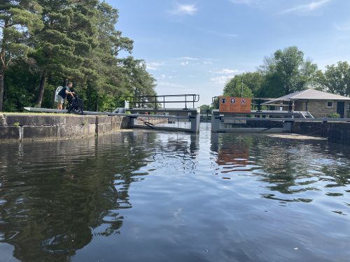 A lock door on the Rideau Canal at Burritts Rapids in the process of closing